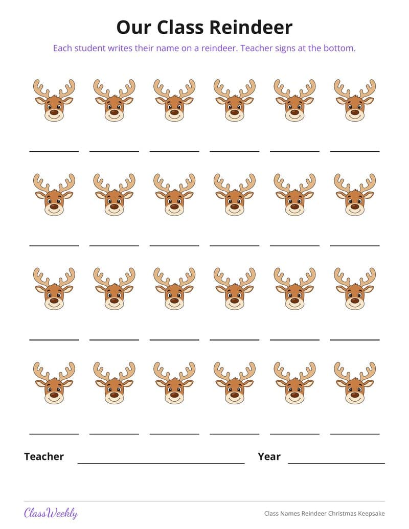 Class Names Reindeer Christmas Keepsake - 2nd Grade Classroom Setup printable preview