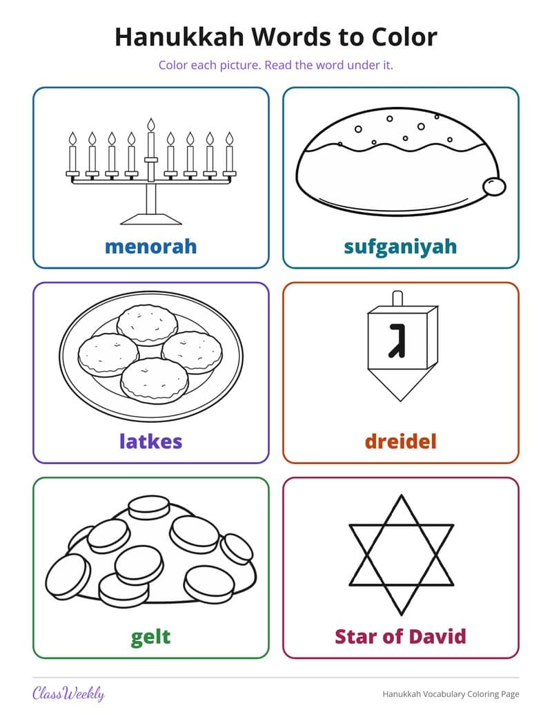 Hanukkah Vocabulary Coloring Page - 2nd Grade Coloring Pages printable preview