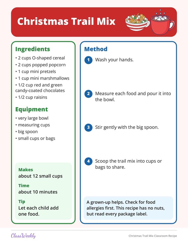 Christmas Trail Mix Classroom Recipe - 2nd Grade Holiday Activities printable preview