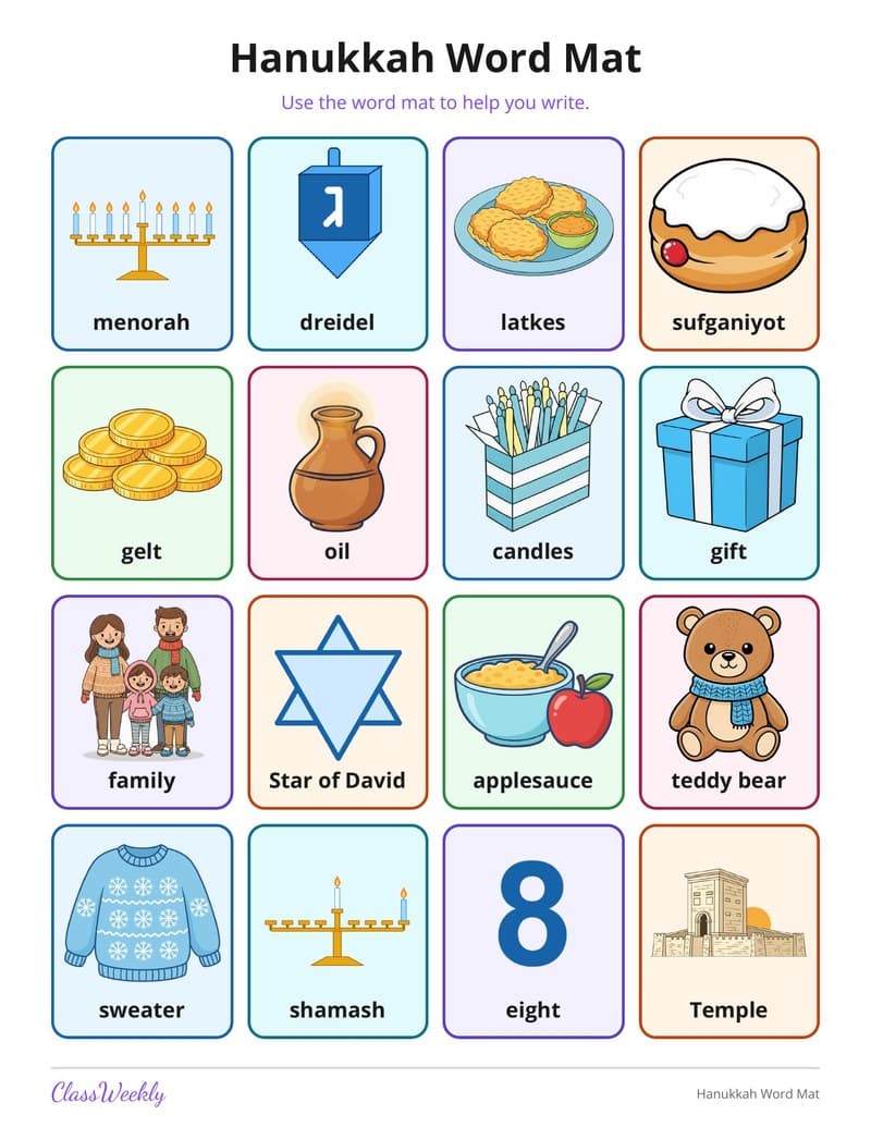 Hanukkah Word Mat - 2nd Grade Holiday Activities printable preview