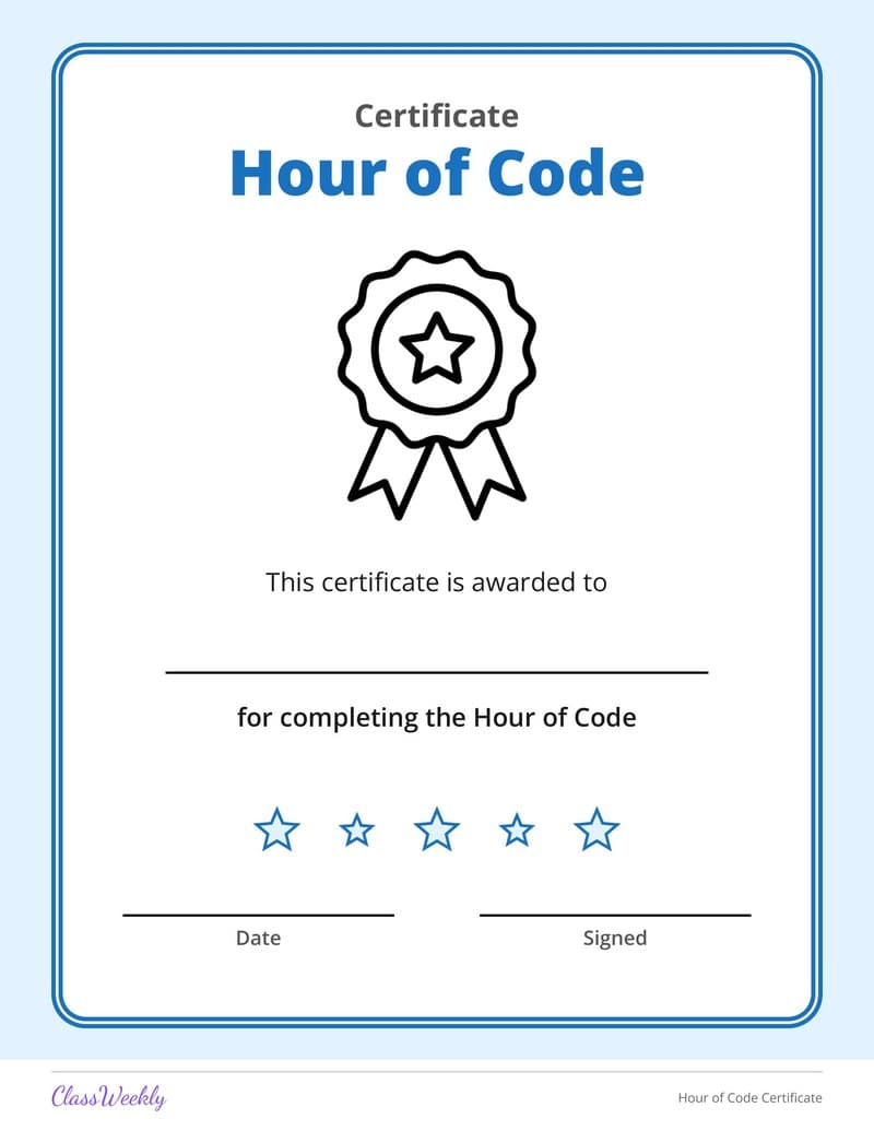 Hour of Code Certificate - 4th Grade Holiday Activities printable preview