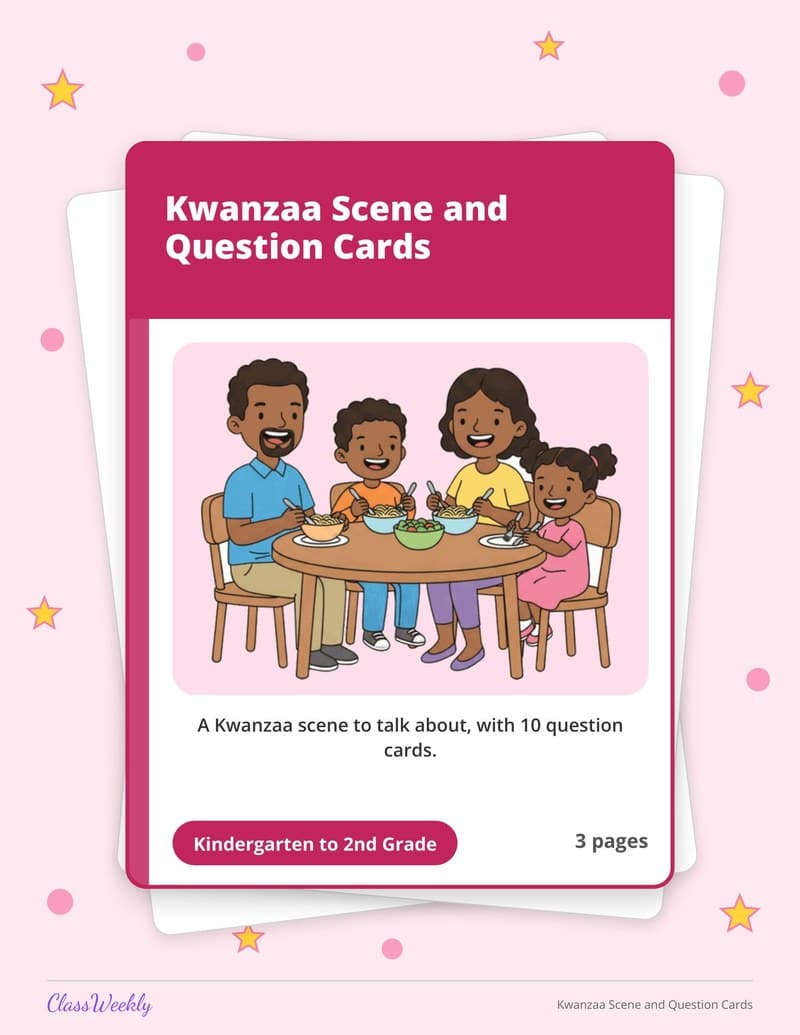 Kwanzaa Scene and Question Cards - 2nd Grade Holiday Activities printable preview