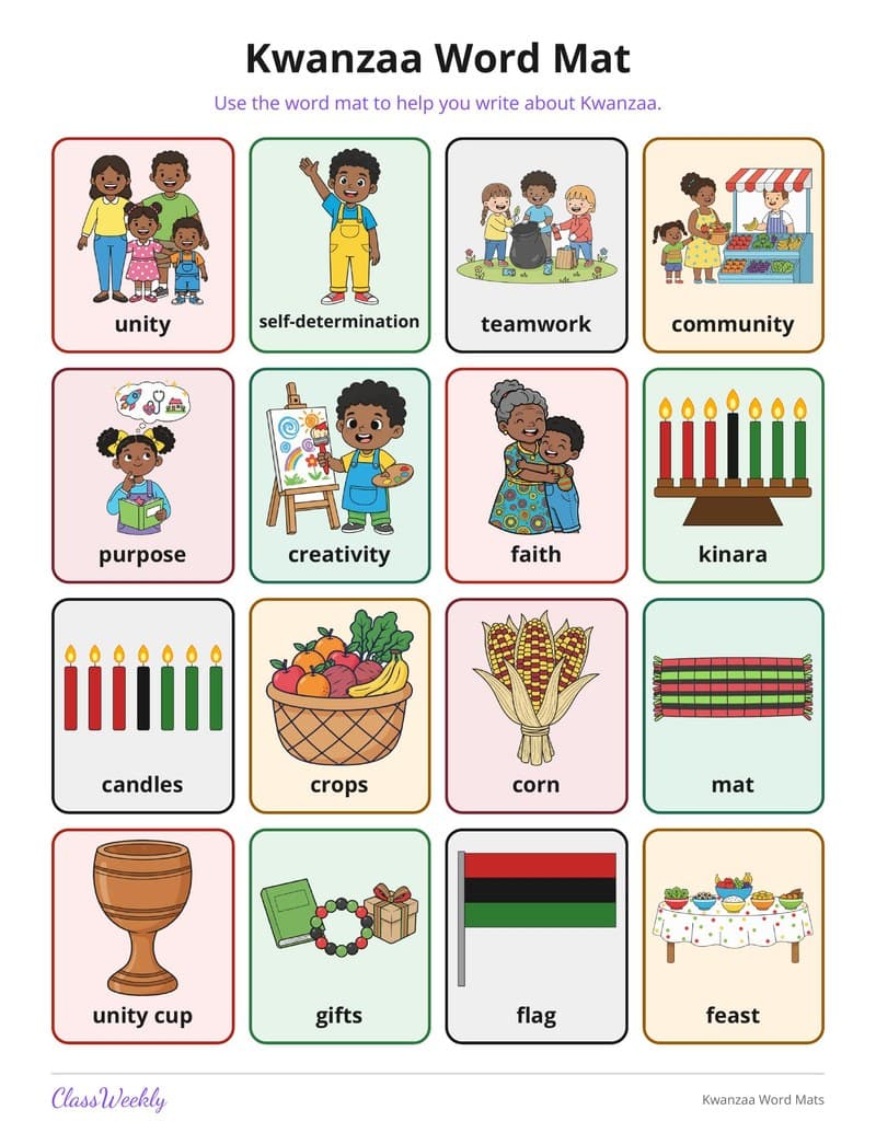 Kwanzaa Word Mats - 2nd Grade Holiday Activities printable preview