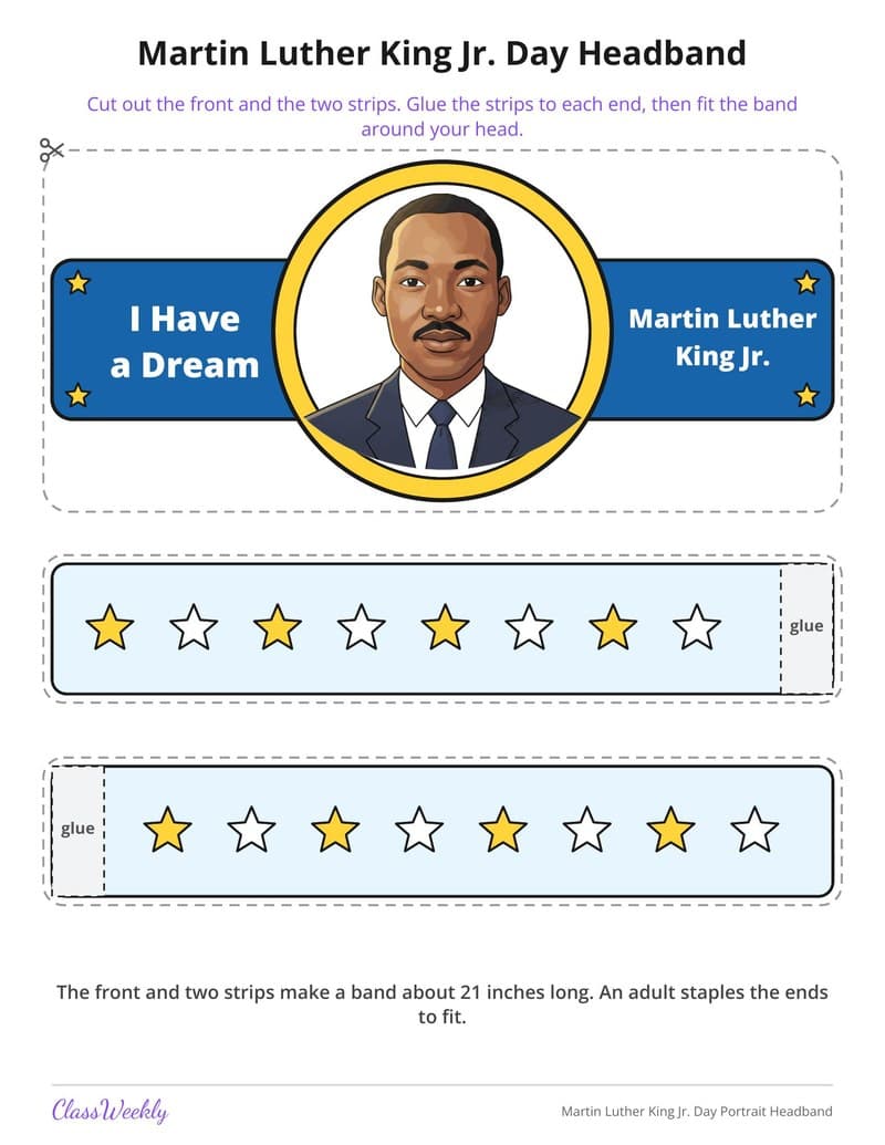Martin Luther King Jr. Day Portrait Headband - 2nd Grade Holiday Activities printable preview