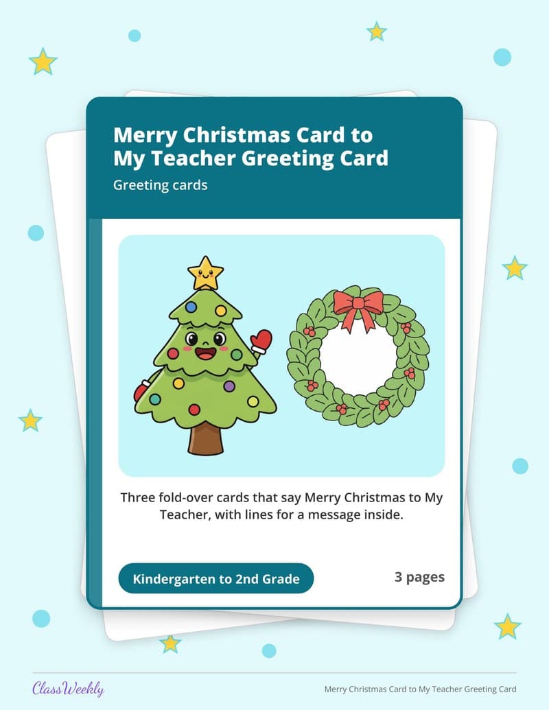 Merry Christmas Card to My Teacher Greeting Card - 2nd Grade Holiday Activities printable preview