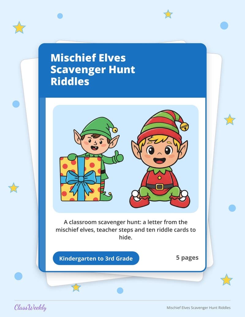 Mischief Elves Scavenger Hunt Riddles - 2nd Grade Holiday Activities printable preview