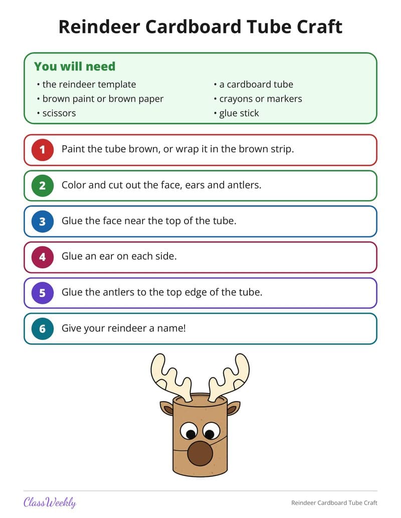 Reindeer Cardboard Tube Craft - 2nd Grade Holiday Activities printable preview