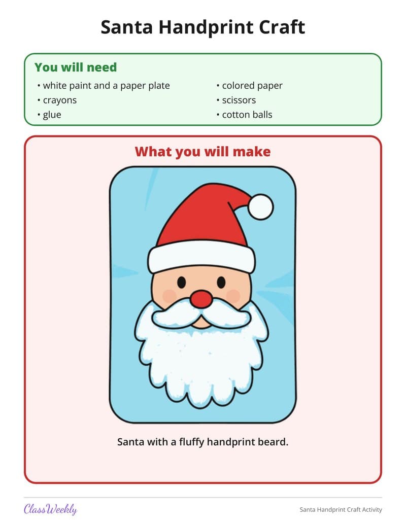 Santa Handprint Craft Activity - 2nd Grade Holiday Activities printable preview