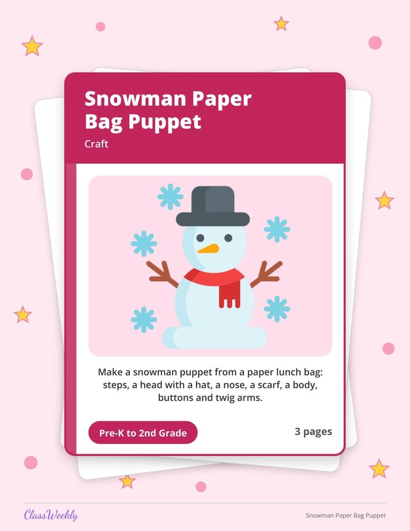 Snowman Paper Bag Puppet - 2nd Grade Holiday Activities printable preview