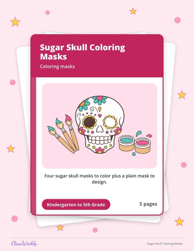 Sugar Skull Coloring Masks - 3rd Grade Holiday Activities printable preview