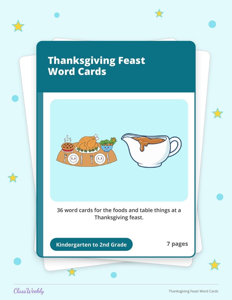 Thanksgiving Feast Word Cards - 2nd Grade Holiday Activities printable preview