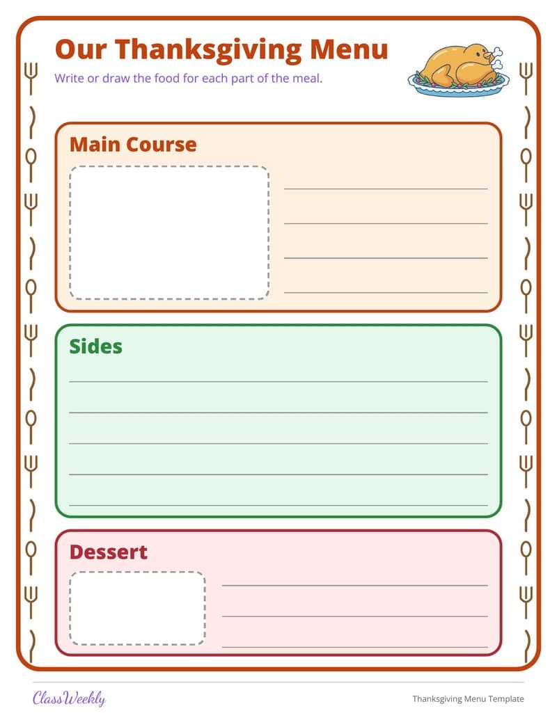 Thanksgiving Menu Template - 2nd Grade Holiday Activities printable preview