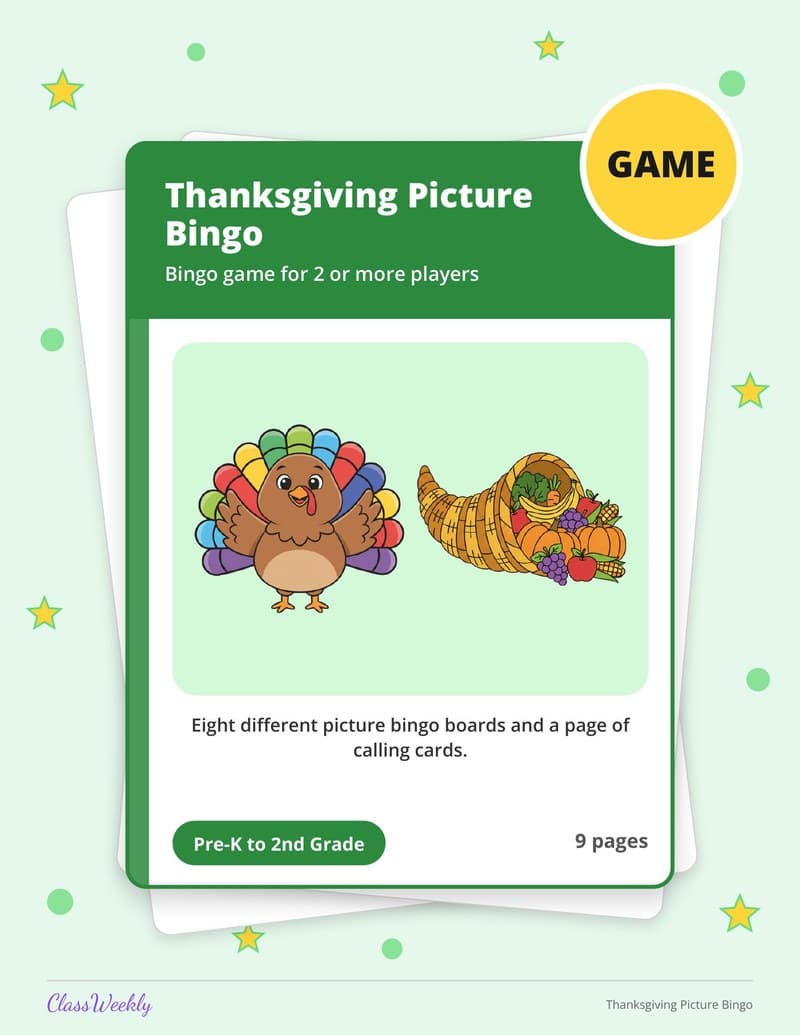 Thanksgiving Picture Bingo - 2nd Grade Holiday Activities printable preview