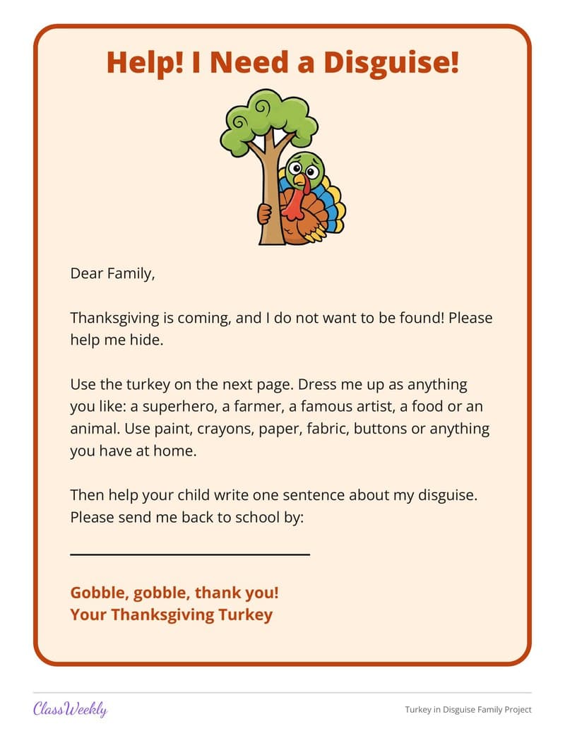 Turkey in Disguise Family Project - 3rd Grade Holiday Activities printable preview