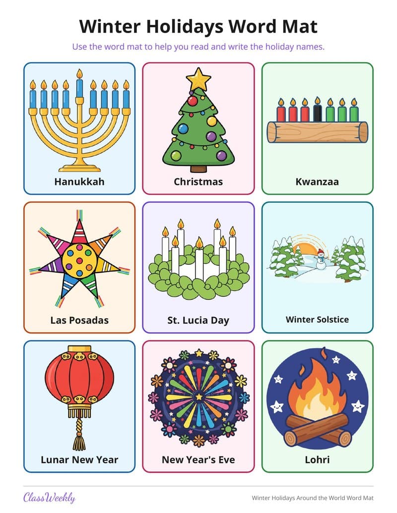 Winter Holidays Around the World Word Mat - 2nd Grade Holiday Activities printable preview