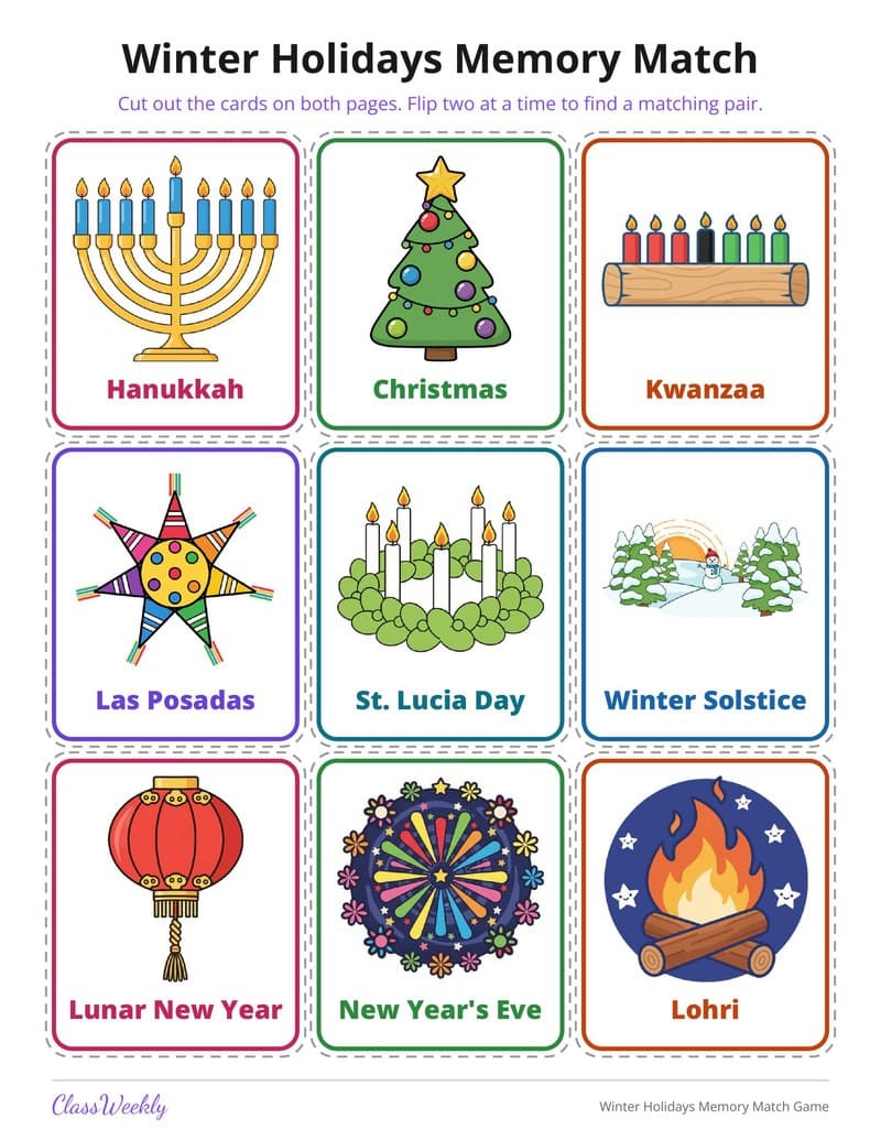 Winter Holidays Memory Match Game - 2nd Grade Holiday Activities printable preview