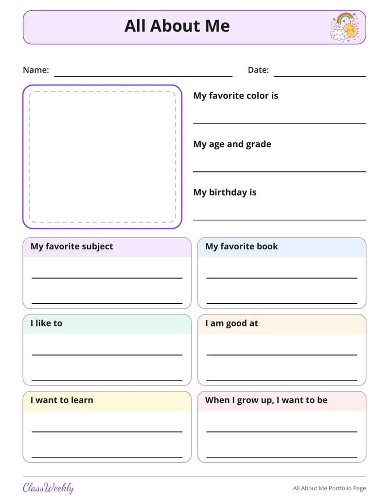 All About Me Portfolio Page - 5th Grade Homeschool Planning worksheet preview