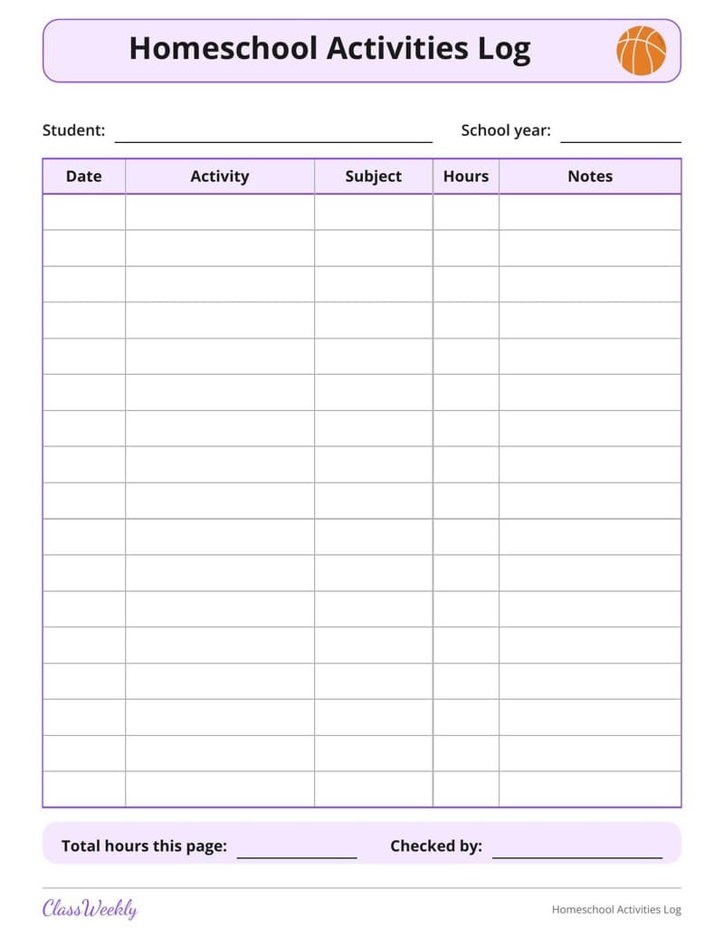 Homeschool Activities Log - 5th Grade Homeschool Planning worksheet preview