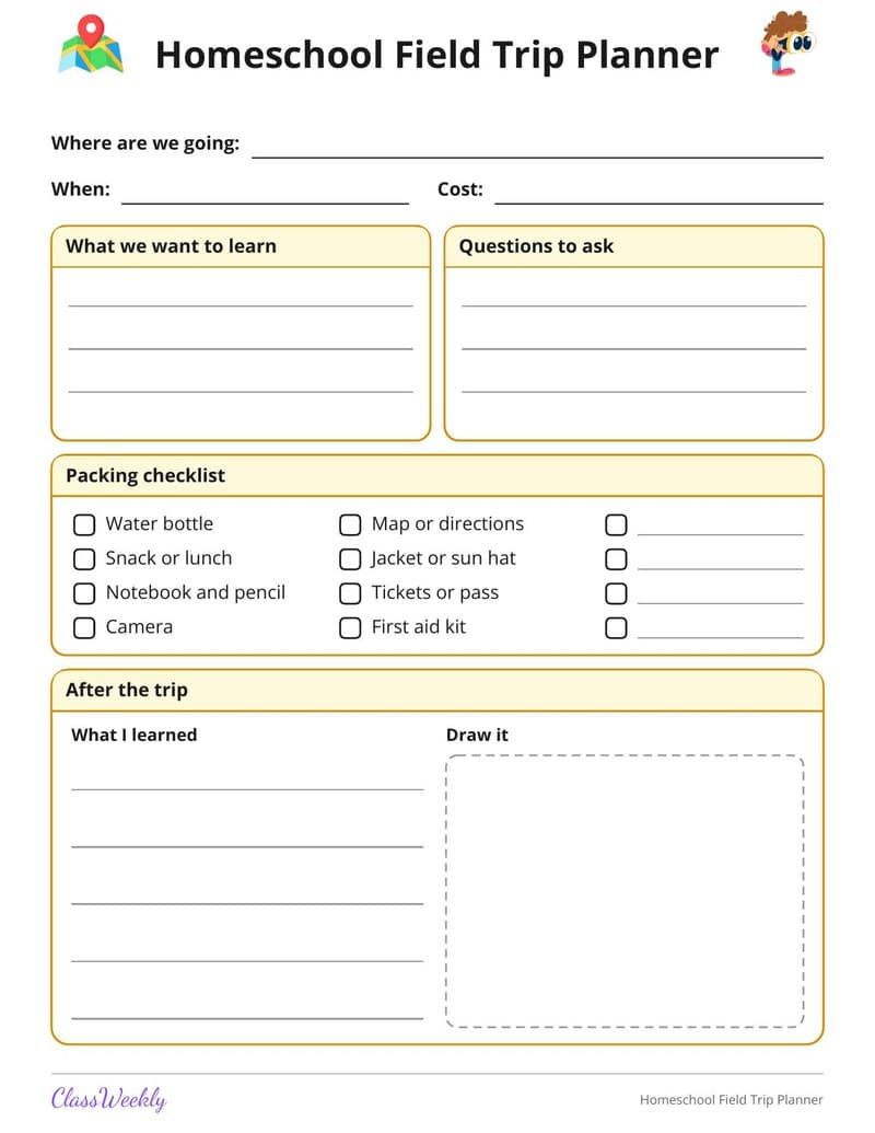 Homeschool Field Trip Planner - Kindergarten Homeschool Planning worksheet preview