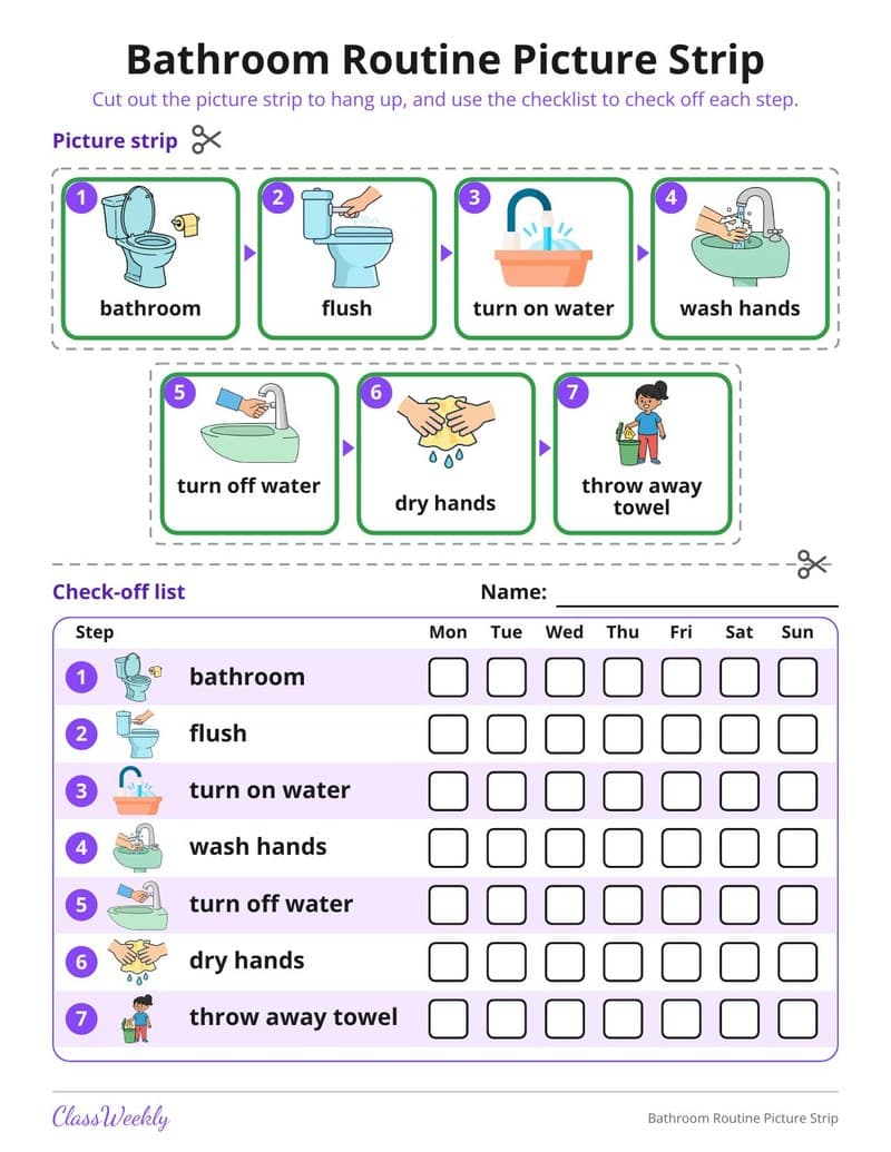 Bathroom Routine Picture Strip - Kindergarten Visual Schedules worksheet preview