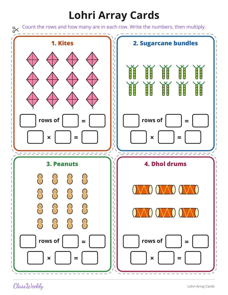 Lohri Array Cards - 2nd Grade Holiday Activities printable preview