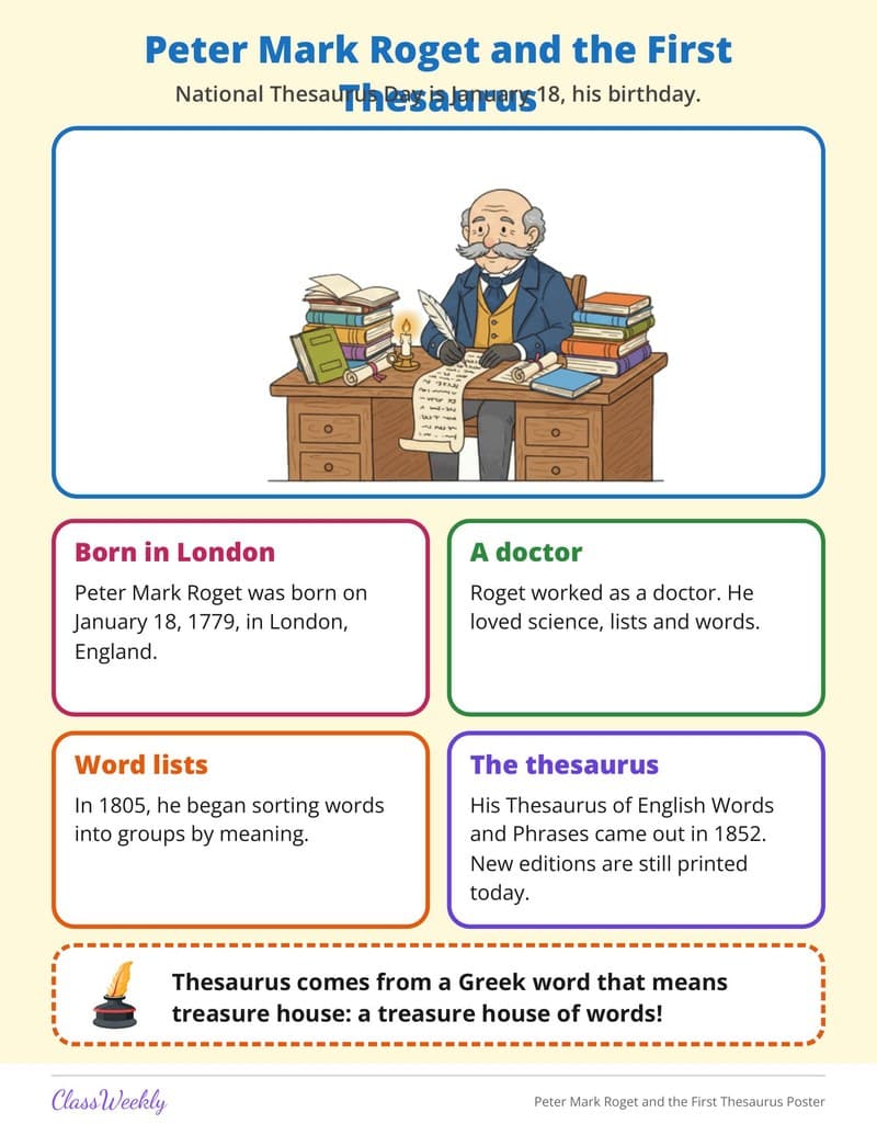 Peter Mark Roget and the First Thesaurus Poster - 2nd Grade Holiday Activities printable preview
