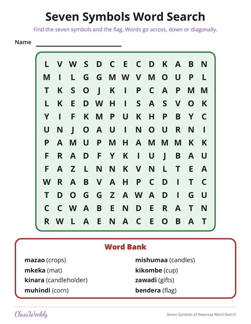 Seven Symbols of Kwanzaa Word Search - 2nd Grade Holiday Activities printable preview