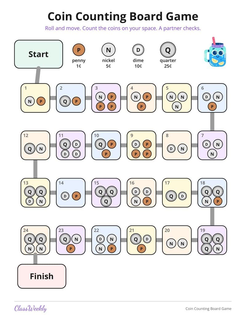 Coin Counting Board Game - 2nd Grade Learning Games printable preview
