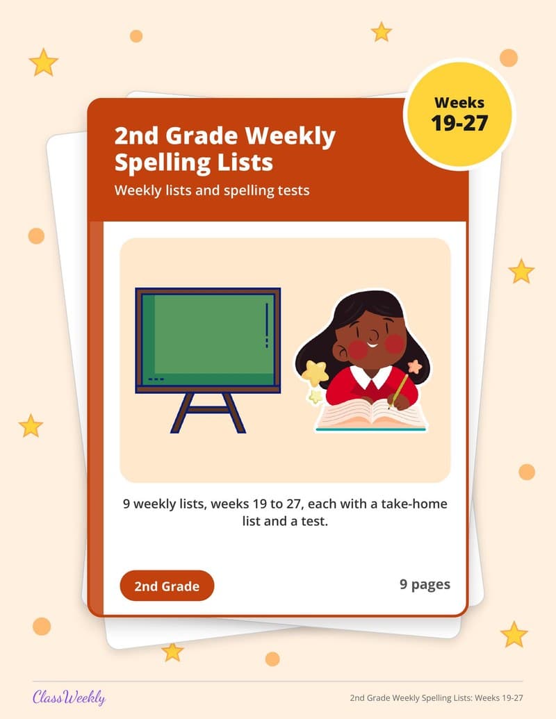 2nd Grade Weekly Spelling Lists: Weeks 19-27 - 2nd Grade Spelling Lists printable preview