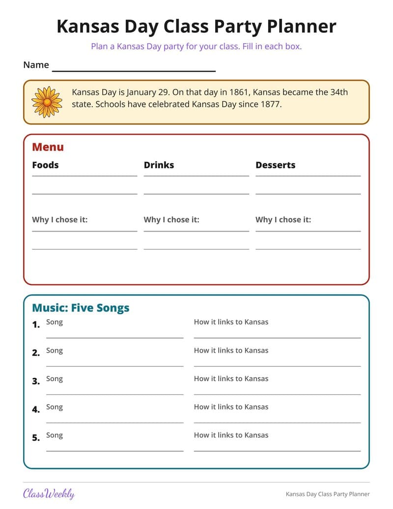 Kansas Day Class Party Planner - 4th Grade Graphic Organizers printable preview