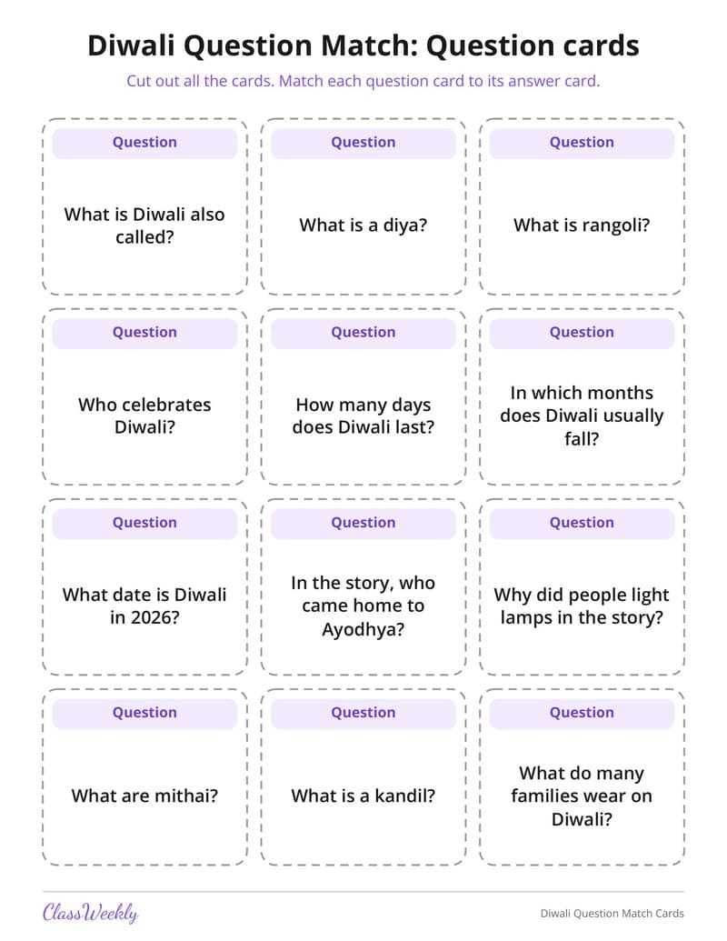 Diwali Question Match Cards - 3rd Grade Holiday Activities printable preview