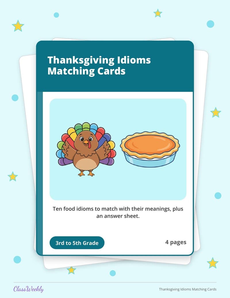 Thanksgiving Idioms Matching Cards - 3rd Grade Holiday Activities printable preview