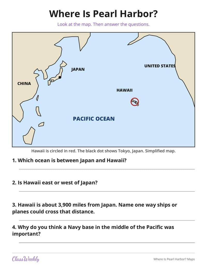 Where Is Pearl Harbor? Maps - 4th Grade Holiday Activities printable preview