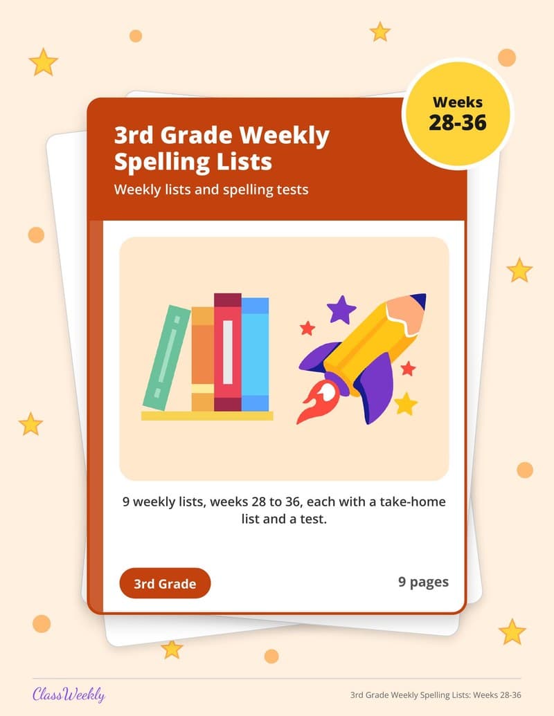 3rd Grade Weekly Spelling Lists: Weeks 28-36 - 3rd Grade Spelling Lists printable preview