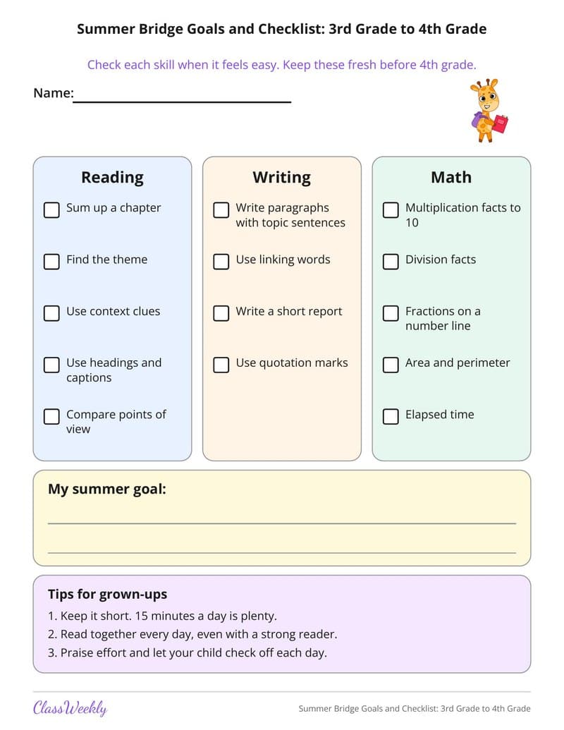 Summer Bridge Goals and Checklist: 3rd Grade to 4th Grade - 3rd Grade Summer Activities printable preview