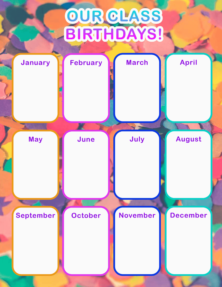Class Birthday Calendar - Colorful Cutouts (24x36) worksheet preview
