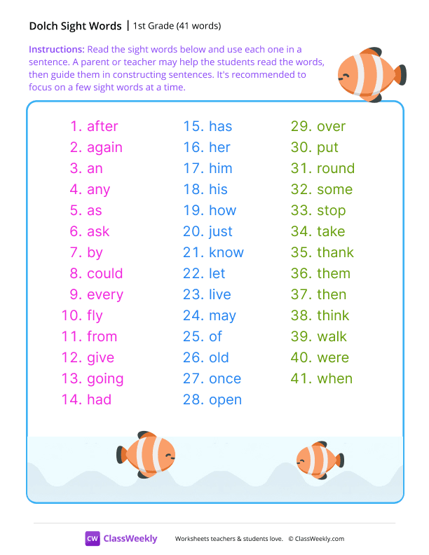1st Grade Dolch Sight Words List worksheet preview