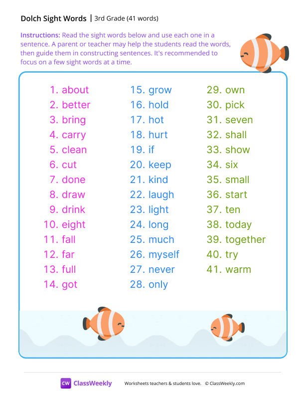 3rd Grade Dolch Sight Words List worksheet preview