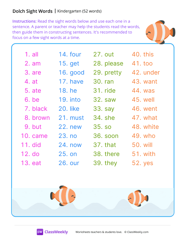 Kindergarten Dolch Sight Words List worksheet preview