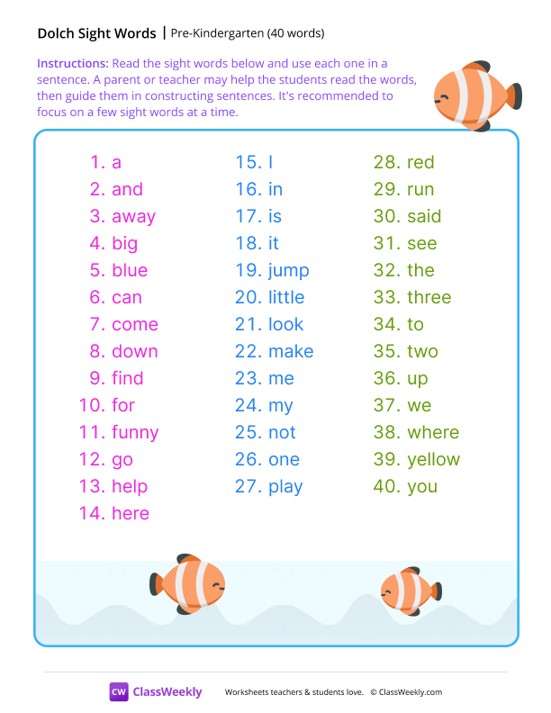 Pre-K Dolch Sight Words List worksheet preview