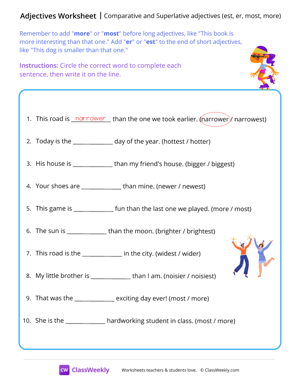 Comparative & Superlative adjectives - est, er, most, more worksheet preview