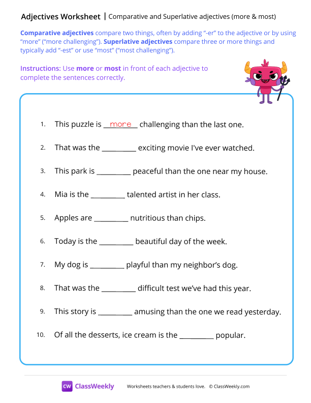 Comparative and Superlative adjectives - More & most worksheet preview