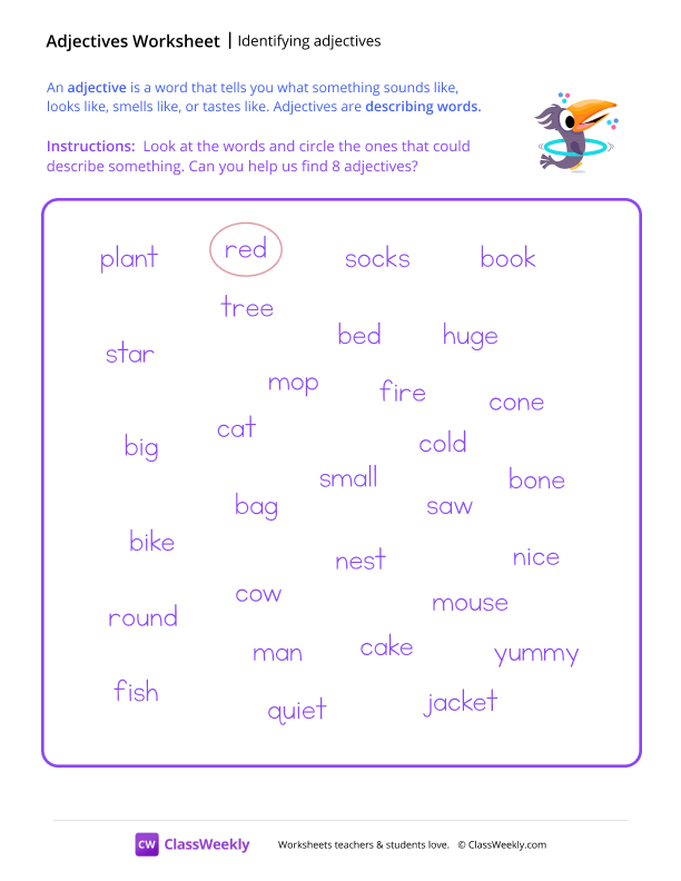 Identify Adjectives - Toucan worksheet preview