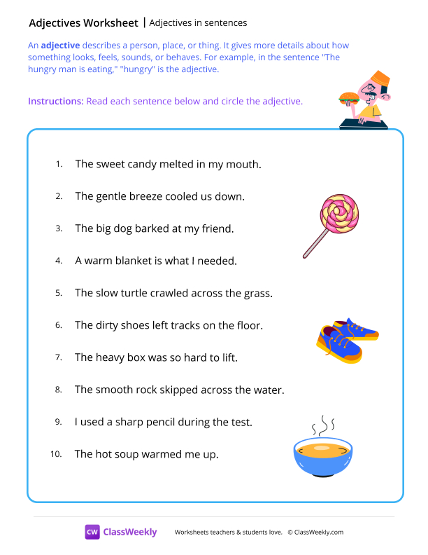 Adjectives in sentences worksheet preview