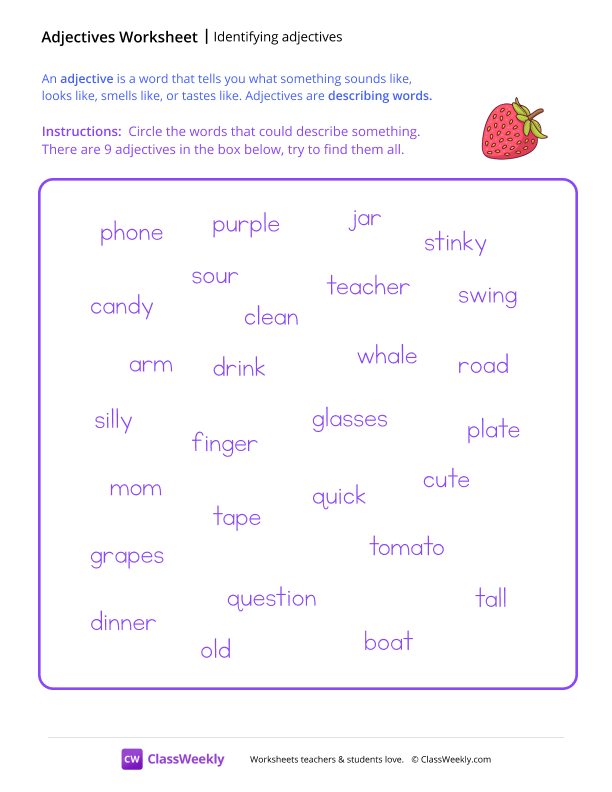 Identify Adjectives - Strawberry worksheet preview