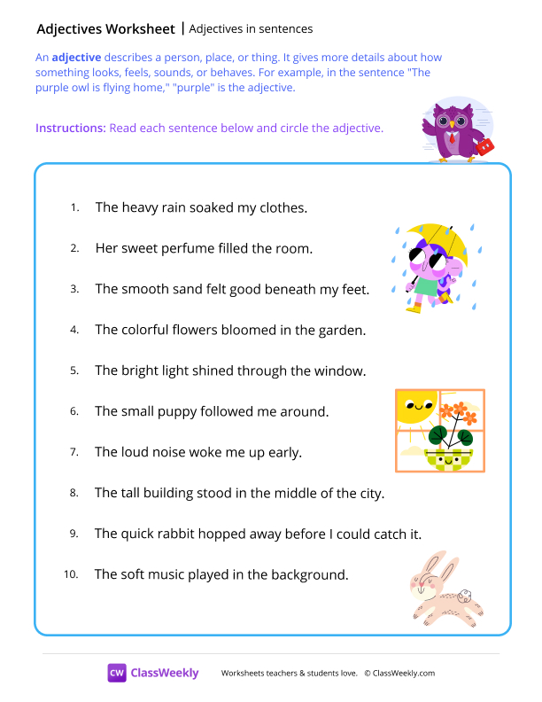 Adjectives in sentences - Owl worksheet preview