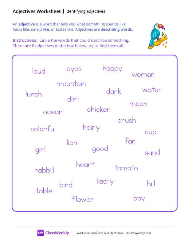Identify Adjectives worksheet preview