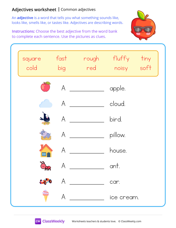 Common Adjectives - Apple worksheet preview