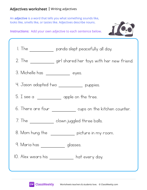 Writing Adjectives - Panda worksheet preview