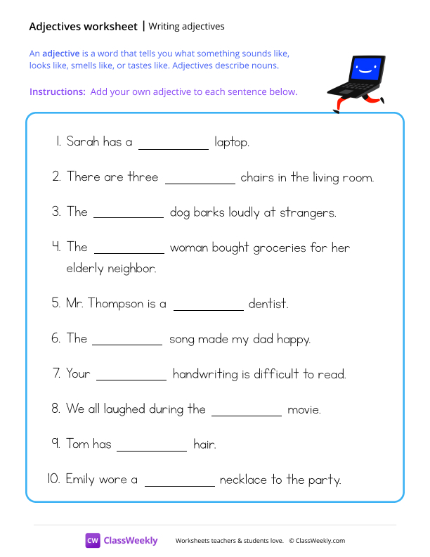 Writing Adjectives worksheet preview